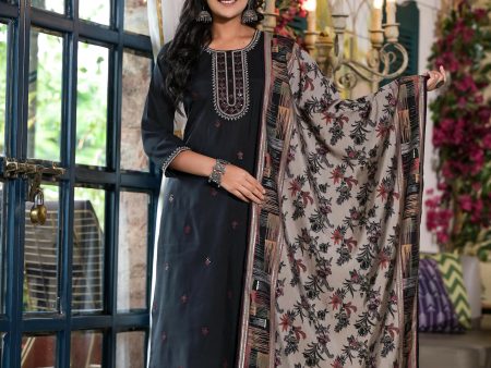 Juniper Women s Black Solid Viscose Kurta Pant And Dupatta Set With Zari & Thread Work For Cheap