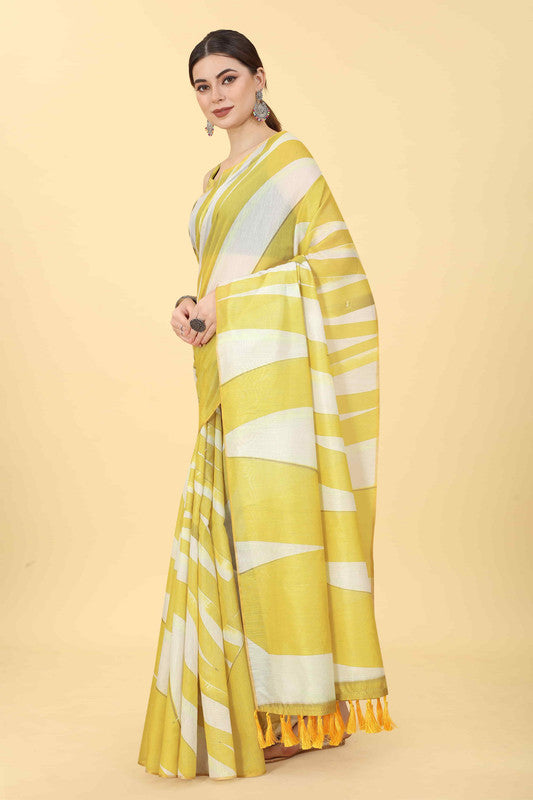 Yellow Cotton Blend Printed Striped Saree with Unstitched Blouse - Hiral Fashion For Cheap