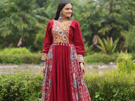 Lorenvalley Maroon Rayon Contrast of Printed with Kutchi Gamthi work Gown on Sale