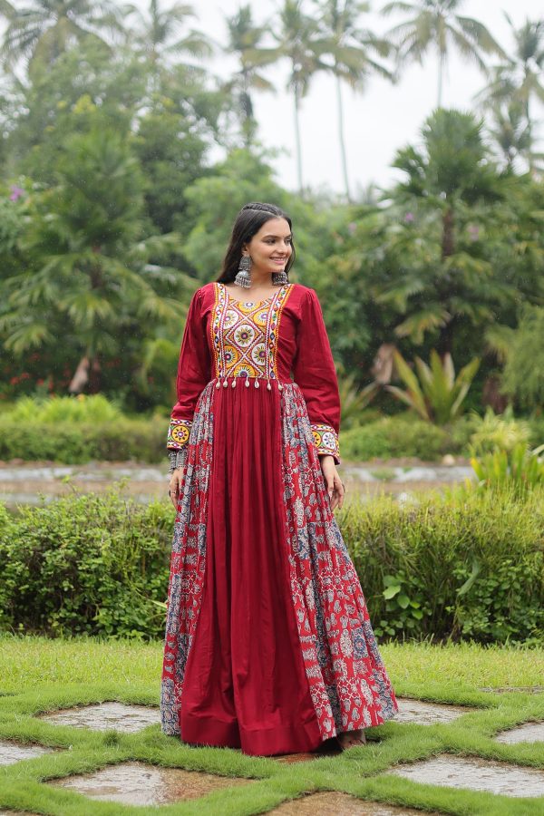 Lorenvalley Maroon Rayon Contrast of Printed with Kutchi Gamthi work Gown on Sale