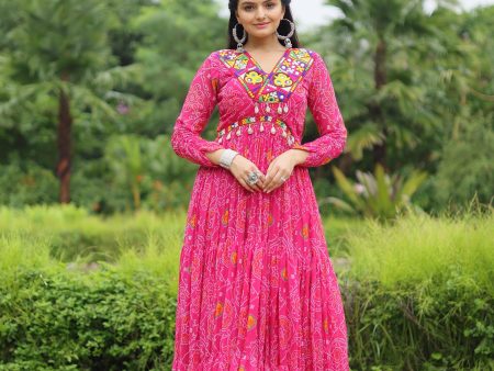 Lorenvalley Pink Faux Georgette Bandhani Print Work With Kutchi Patch Work Gown Online