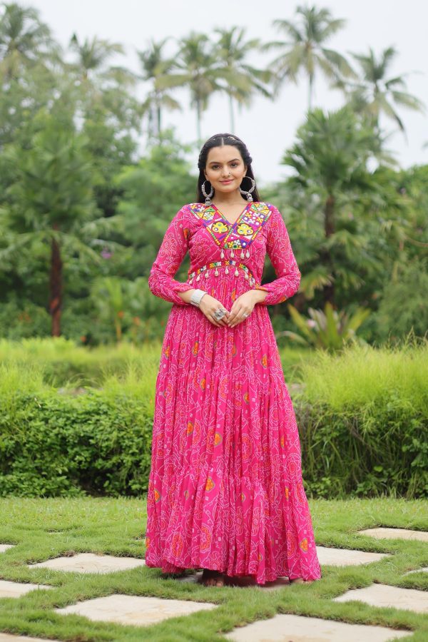 Lorenvalley Pink Faux Georgette Bandhani Print Work With Kutchi Patch Work Gown Online