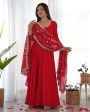 Lorenvalley Women Georgette Anarkali Gown Duppta Full Set With Pent Ready To Wear - Red Supply