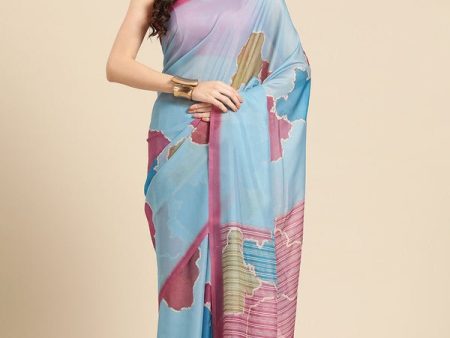 Aqua Silk Blend Printed Abstract Saree with Unstitched Blouse - Hiral Fashion For Sale