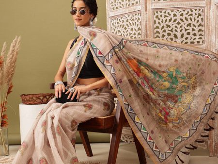 Beige Cotton Blend Printed Madhubani Saree with Unstitched Blouse - Hiral Fashion Online Sale