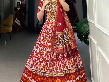 Lorenvalley Red Tussar Silk Patola Print With Foil Work And Original Mirror Gamthi Lace Lehenga Choli with Dupatta Supply