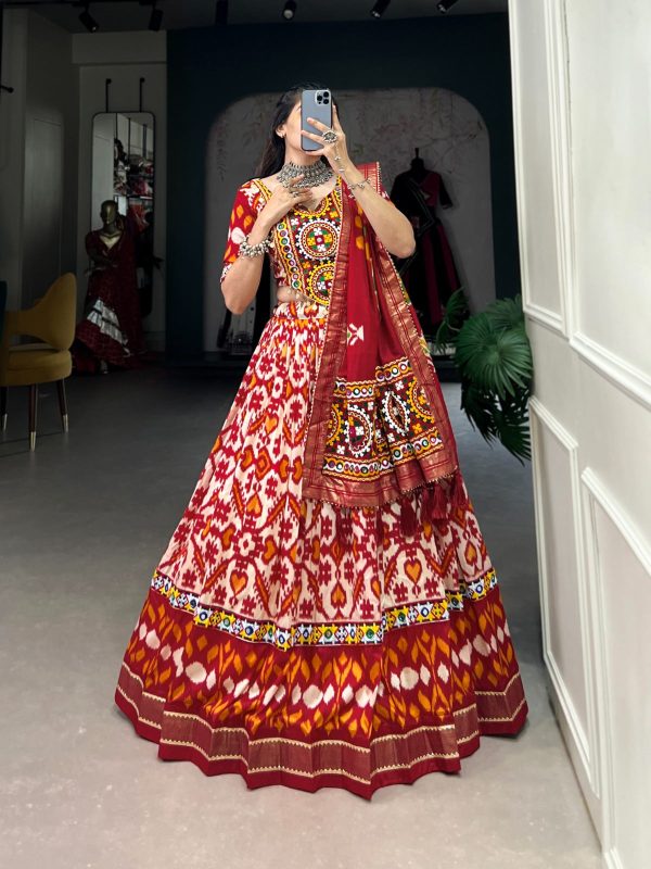 Lorenvalley Red Tussar Silk Patola Print With Foil Work And Original Mirror Gamthi Lace Lehenga Choli with Dupatta Supply