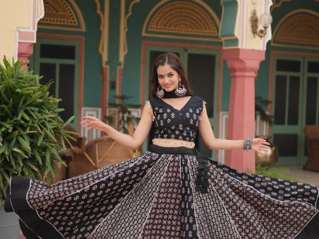 Lorenvalley Black Rayon Gota Patti Lace Printed Kali Pattern Lehenga Choli with Dupatta Supply