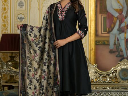 Juniper Women s Black Thread Embroidered Viscose Kurta Pant And Dupatta Set With Abstract Printed Pants on Sale