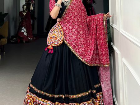 Lorenvalley Black Pure CottonPlain And Original Mirror Gamthi Work Lace Border Lehenga Choli with Dupatta on Sale