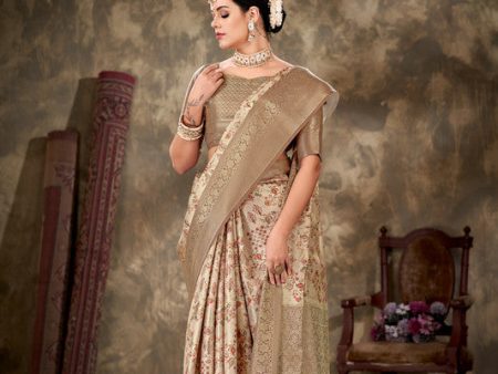 Beige Art Silk Printed Floral Saree with Unstitched Blouse - Hiral Fashion Discount