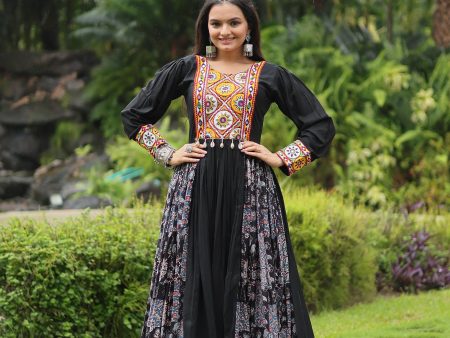 Lorenvalley Black Rayon Contrast of Printed with Kutchi Gamthi work Gown Online now