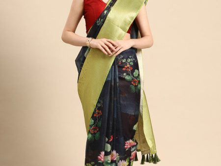 Navy Blue Munga Silk Digital Print Floral Saree with Unstitched Blouse - Hiral Fashion Sale