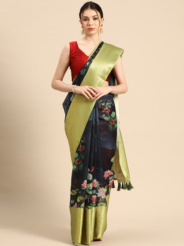 Navy Blue Munga Silk Digital Print Floral Saree with Unstitched Blouse - Hiral Fashion Sale