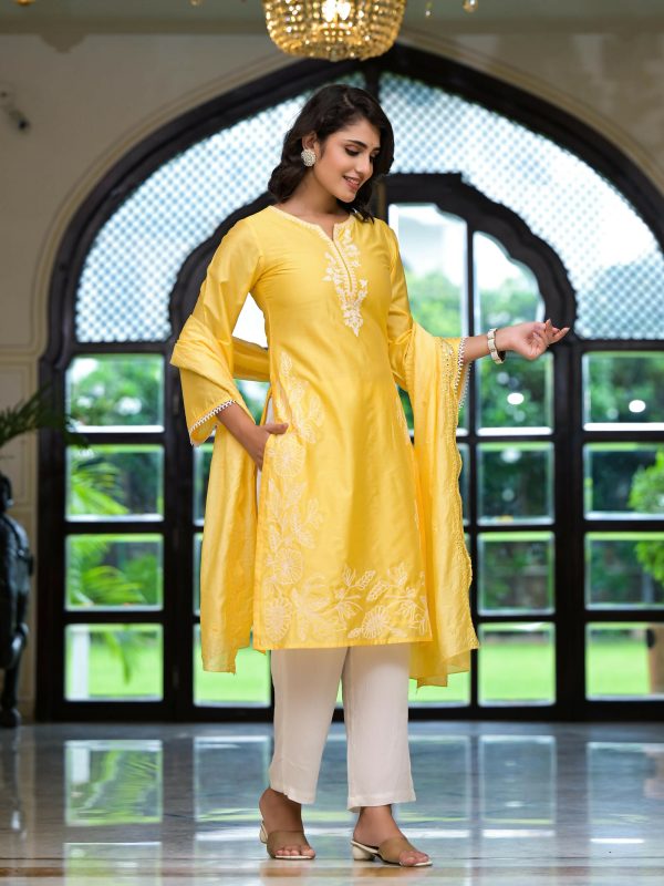 Juniper Women s Yellow Thread Embroidered Viscose Kurta Palazzo And Dupatta Set With Thread & Mirror Work Supply