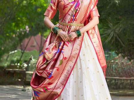 Lorenvalley White Jacquard Silk Paithani Weaving Zari Lehenga Choli with Dupatta Supply