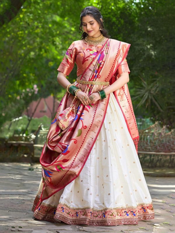 Lorenvalley White Jacquard Silk Paithani Weaving Zari Lehenga Choli with Dupatta Supply