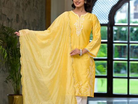 Juniper Women s Yellow Thread Embroidered Viscose Kurta Palazzo And Dupatta Set With Thread & Mirror Work Supply