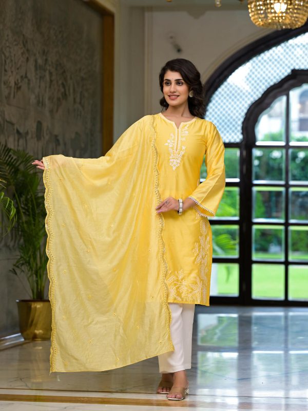 Juniper Women s Yellow Thread Embroidered Viscose Kurta Palazzo And Dupatta Set With Thread & Mirror Work Supply