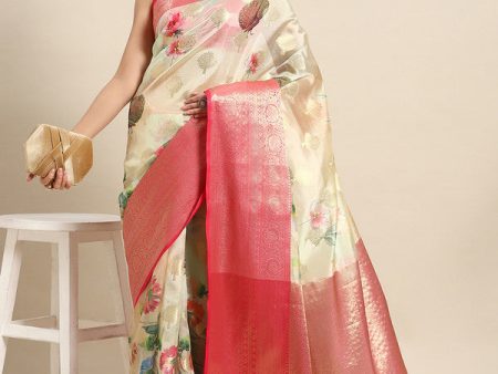 Beige Chanderi Art Silk Printed Floral Saree with Unstitched Blouse - Hiral Fashion Cheap