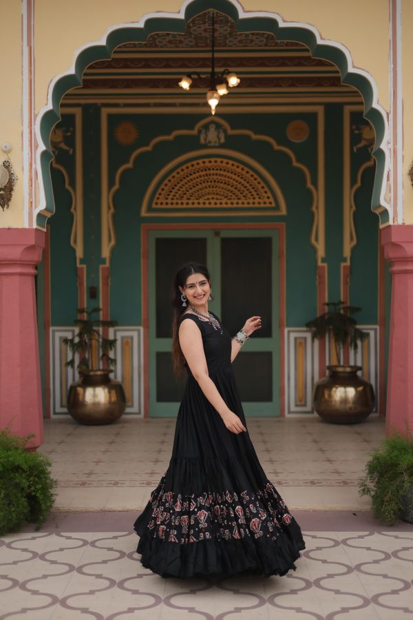 Lorenvalley Black Rayon Fabric with Printed Attached In Frill And Neck Gown Online Hot Sale