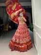 Lorenvalley Red Tussar Silk Patola Print With Foil Work And Original Mirror Gamthi Lace Lehenga Choli with Dupatta Supply