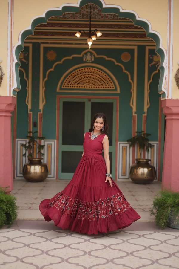 Lorenvalley Maroon Rayon Fabric with Printed Attached In Frill And Neck Gown Online now