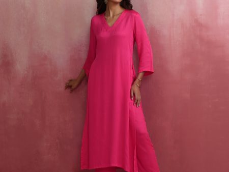 trueBrowns Pink Modal High Slit Kurta Set Sale