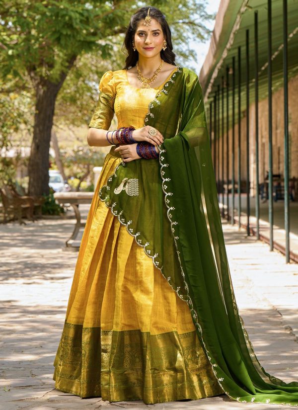 Lorenvalley Mustard Kanjivaram Silk Zari Weaving Lehenga Choli with Dupatta Fashion