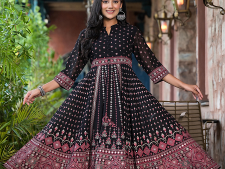 Juniper Women s Black Ethnic Motif Printed Georgette A-line Dress With Mirror Work & Sequins Discount