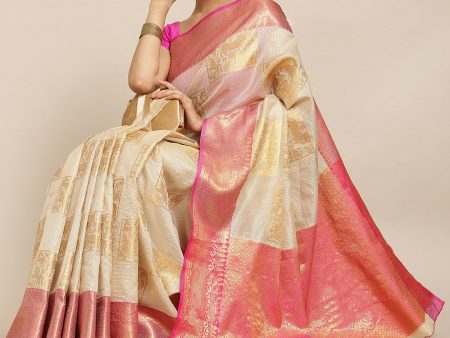 Beige Jute Silk Woven Zari Design Geomatric Saree with Unstitched Blouse - Hiral Fashion Cheap