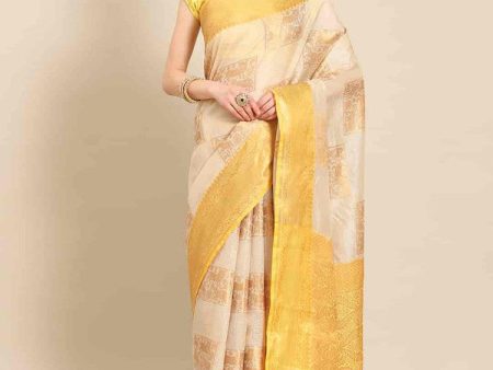 Beige Jute Silk Embellished Geomatric Saree with Unstitched Blouse - Hiral Fashion For Discount