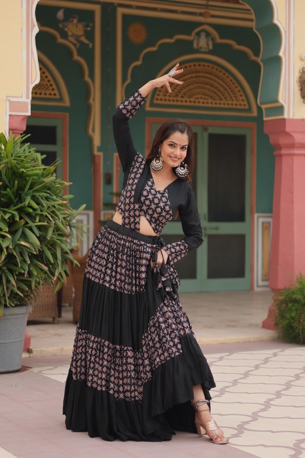 Lorenvalley Black Printed Rayon Navratri Collection Lehenga Choli with Dupatta For Cheap