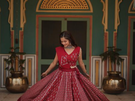 Lorenvalley Maroon Rayon Gota Patti Lace Printed Kali Pattern Lehenga Choli with Dupatta Cheap