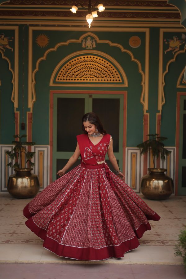 Lorenvalley Maroon Rayon Gota Patti Lace Printed Kali Pattern Lehenga Choli with Dupatta Cheap