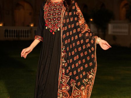 Juniper Women s Black Thread Embroidered Cotton Dress & Dupatta With Tassels & Mirror Work Hot on Sale