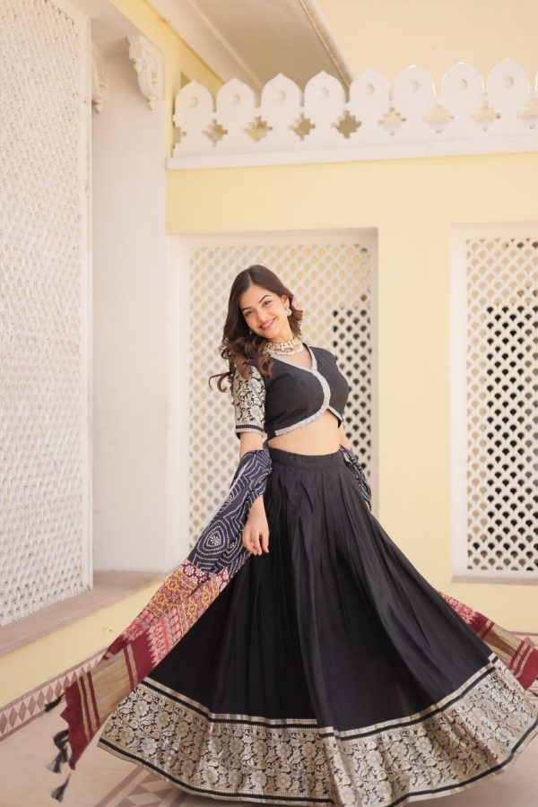 Lorenvalley Black Viscose Jacquard Lehenga Choli with Gajji silk Dupatta For Sale