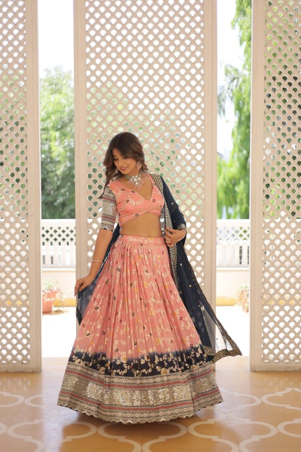 Lorenvalley Peach Pure Viscose Jacquard with 2D Dyeing and Embroidered Sequins work Lehenga Choli For Cheap