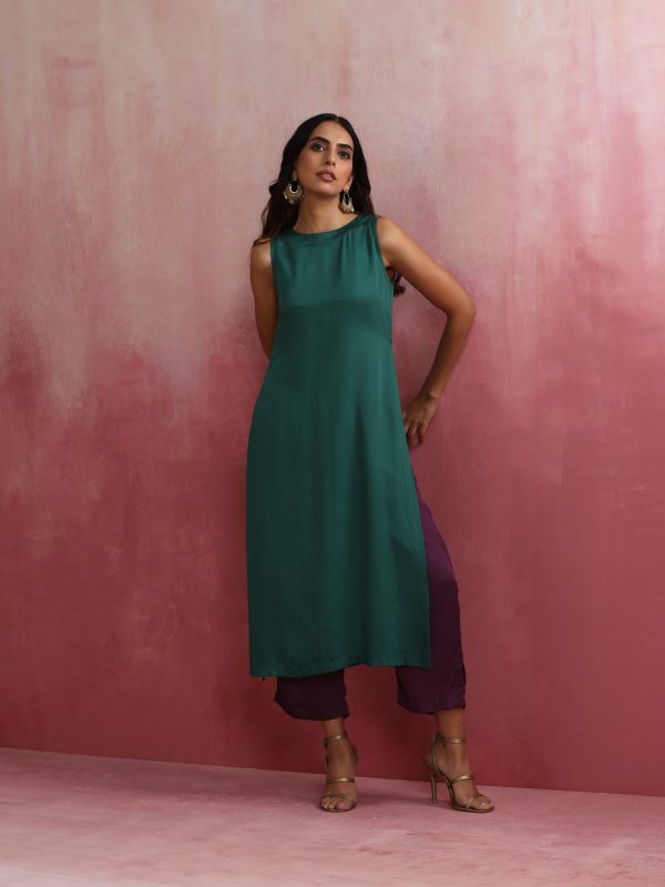 trueBrowns Green Modal High slit Kurta Set Discount