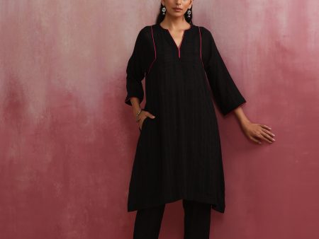 trueBrowns Black Cotton Dobby Kurta Co-ord set Online Sale