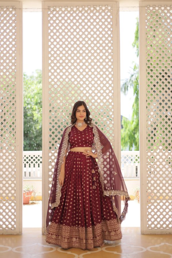 Lorenvalley Maroon Pure Viscose Jacquard with Double Zari work Lehenga Choli Supply