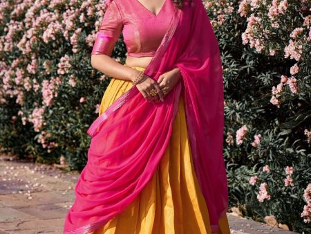 Lorenvalley Mustard Kanchipuram Zari Weaving Work Lehenga Choli with Dupatta Sale