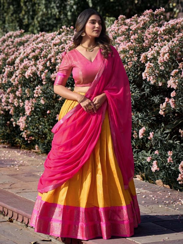 Lorenvalley Mustard Kanchipuram Zari Weaving Work Lehenga Choli with Dupatta Sale