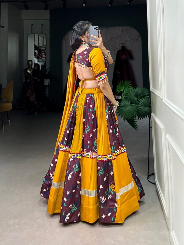 Lorenvalley Yellow and Wine Rayon with Printed Silk Original Mirror Gamthi Work and Embossed Design Gota Lehenga Choli with Dupatta Cheap