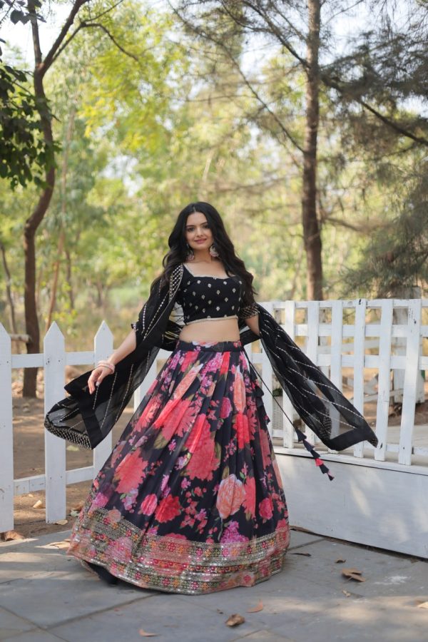 Lorenvalley Black Faux Georgette Digital Printed with Sequins & Thread Embroidered work Lehenga Choli Online