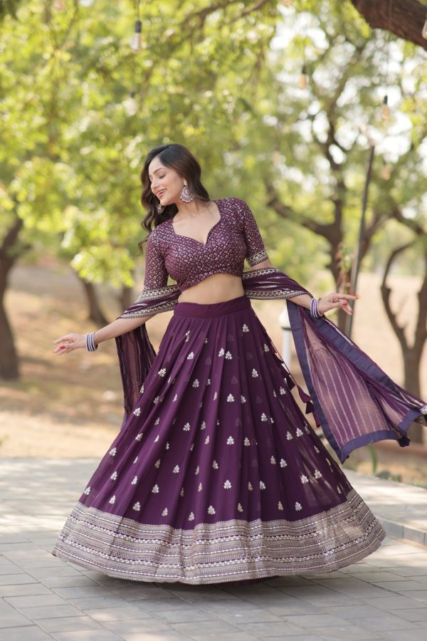 Lorenvalley Purple Faux Blooming Georgette with Sequins & Thread Embroidered work Lehenga Choli Online