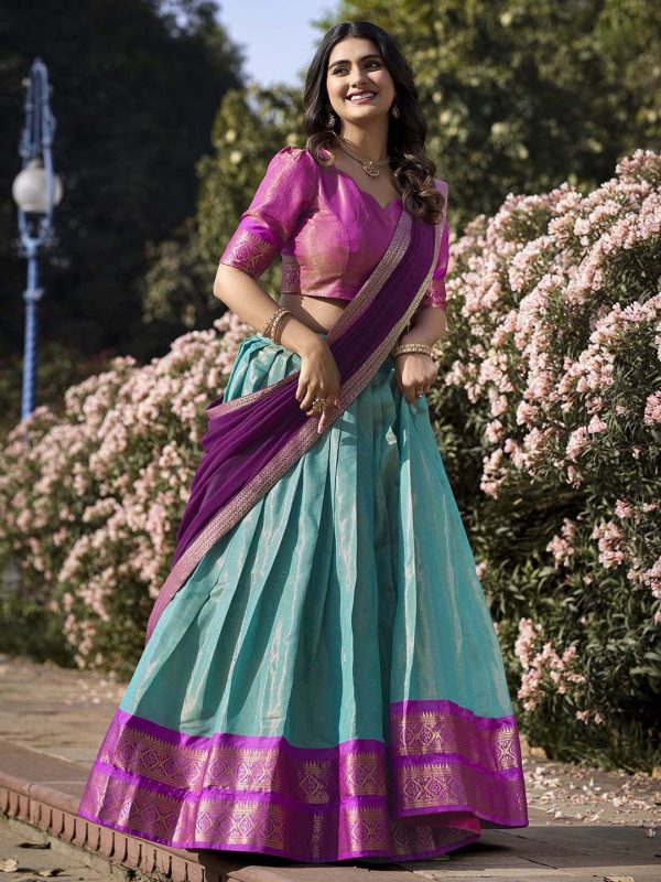 Lorenvalley Skyblue Kanchipuram Zari Weaving Work Lehenga Choli with Dupatta Supply