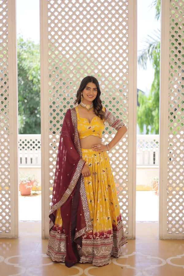 Lorenvalley Yellow Pure Viscose Jacquard with 2D Dyeing and Embroidered Sequins work Lehenga Choli Online Sale