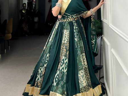 Lorenvalley Green Rayon and Tussar Silk Plain And Printed With Embossed Design Gota Lace Lehenga Choli with Dupatta Online now