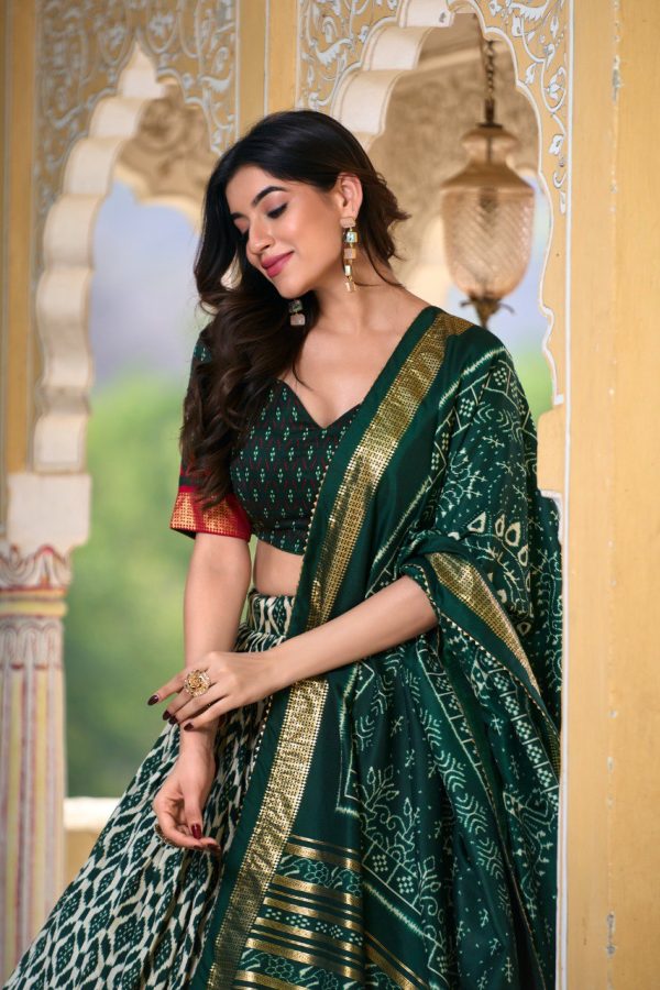 Lorenvalley Green Tussar Silk Ikkat Print With Foil Work Lehenga Choli with Dupatta Online now